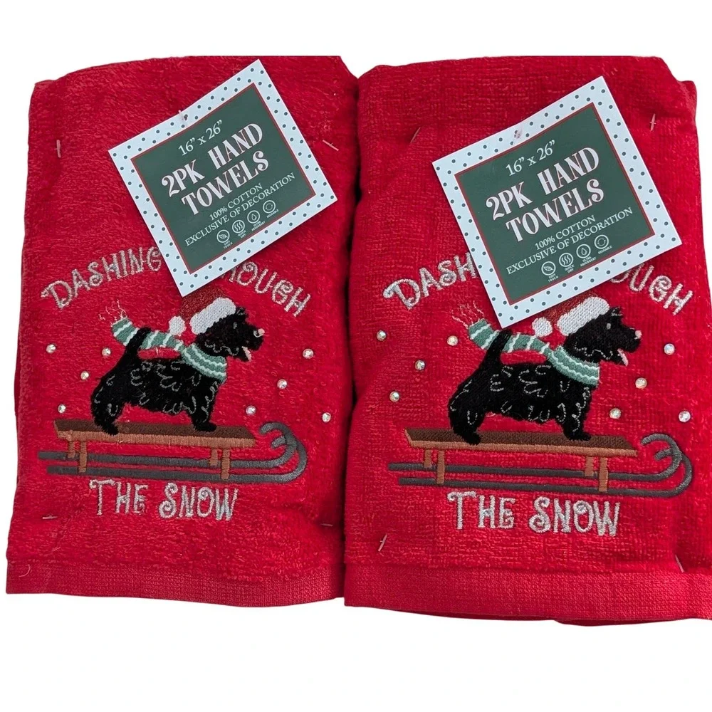 2PK Christmas Red Cotton Hand Towels Scottie Dog Dashing Through The Snow 16x26